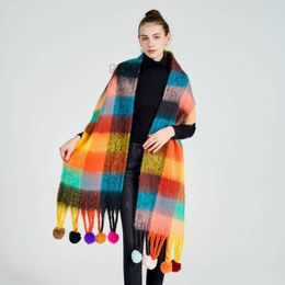 Autumn and Winter Thickened Warm Rainbow Plaid Scarf Women's Tassel Long Versatile Fashion Ac Contrast Neck