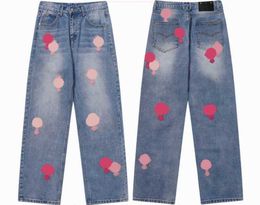 Chromes Nuovi jeans da uomo Designer Make Old Pantaloni dritti lavati Stampe con lettere a cuore Cuori stile lungo Jeans viola Felpa con cappuccio Chromees Hearts 610