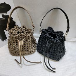 Evening Bags Women Woven Bag High Quality Lady Shoulder Drawstring Bucket Brand Designer Genuine Leather Handbag