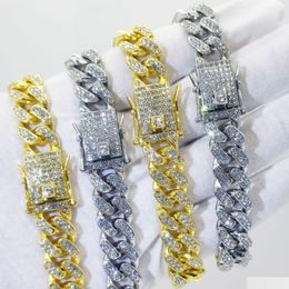 Chain Flat Cuban Link Chain Bracelet 1M Rhinestone Gold Plated Cuba Necklace Hip Hop Jewellery For Men Women Jewellery Bracelets Dhao2
