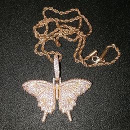 Iced Out Animal Pink butterfly Pendant Necklace With Chain Rosegold Gold Silver Cubic Zircon Men Women Hiphop Rock Jewelry307Z