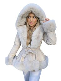 Women's Fur Faux Fur EE1492 PU Leather Short Jacket Fashion Tie Belt Waist Coat Elegant Faux Fur Hooded Coats Female Fur Lined Ladies 230927