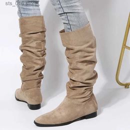 Boots JF2022 New Fashion Pleated Women Knee-high Boot Low Heel Ladies Pointed Toe Knight Boots Shoes High Quality Long Boots T230927