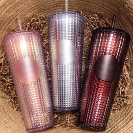 Tumblers 710ml Diamond Radiant Goddess Corn Grid Studded Cup Double Wall Plastic Coffee Mug Tumbler With Straw And Lid