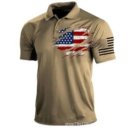 DIY Clothing Customised Tees & Polos khaki Flag Print men's short sleeved button printed casual pullover polo shirt