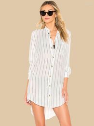 Casual Dresses Striped Office Lady Sexy V Neck Long Sleeve Tunic Dress For Women Autumn 2023 White Front Short Blouse Vestidos Q762