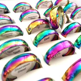 50pcs Shiny Rainbow Colour 6mm Width Comfort-fit Quality Men Women Stainless Steel wedding Rings Whole Trendy Jewellery Bulk lot 245s