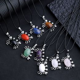 Natural Stone Crab Charm Pendant Cabochon Crystal Beads Cute Ocean Animal Rope Necklaces Jewelry for Girl Women