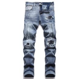 Men's Jeans Vintage Patchwork Casual Punk Men's Ripped Jeans Clothes Distressed Destroyed Slim Fit Washed Denim Jeans Blue Patch Pants 230927