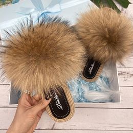 Slippers Fur Slippers Woman Flats Faux Straw Sandals Real Raccoon Fur Summer Ladies Light Flip Flops Fashion Beach Slides 230926