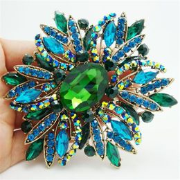 Whole - 2014 New Fashion Elegant Flower Gold-plated Large Brooch Pin Green Rhinestone Crystal2377