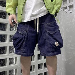 Men's Shorts Japanese Retro Denim Summer Functional Big Pocket Workwear Causal Loose Five-point Pants Men Bottom Male Clothes