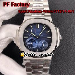 New PFF 40mm Sport 5712 1A-001 5712 Mechanical Hand Winding Mens Watch Moon Phase Power Reserve D-Blue Dial Steel Bracelet He224M