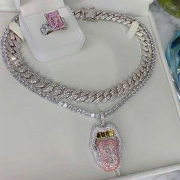 14K Copper Tongue Iced Out Bling 5A CZ Sexy Mouth Pendant Necklace Dollar Symbol Micro Pave Cubic Zirconia Jewelry2722