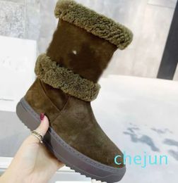 Shoes Women's Flat Ancle Boots Brown Green Cow Suede Inner Rabbit Hair Ladies Boots Shoes With Original Box
