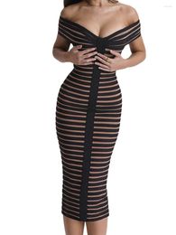 Casual Dresses Women Y2K Midi Bodycon Dress Stripe Off Shoulder Backless Cocktail Summer Party Club Skinny