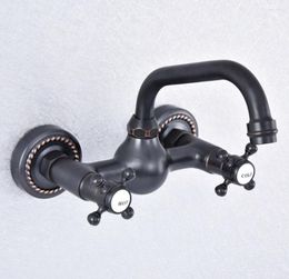 Bathroom Sink Faucets Oil Rubbed Bronze Wall Mounted Basin Double Handle Dual Hole Swivel Faucet Mixer Tap Zsf722