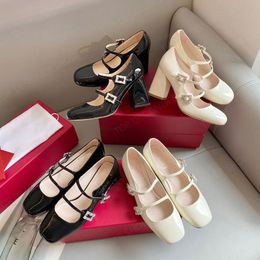 Luxury designer Patent leather rhinestone buckle strap Mary Jane pumps heels women Chunky block heel Ballet shoes sandal dress Wedding shoes white 2.5 8.5 cm