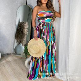 Casual Dresses Women Strips Printed Long Loose Maxi Dress Floor Length High Waist Strapless Sleeveless Summer Fashion