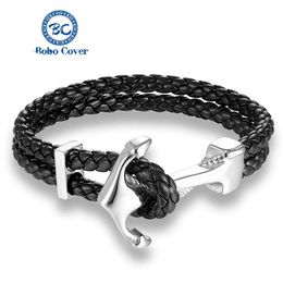 Genuine Black Leather Couple Bracelet Stainless Steel Silvery White Anchor Charm Bracelet Men Fashion Bangle Lovers Jewelry Gift214t