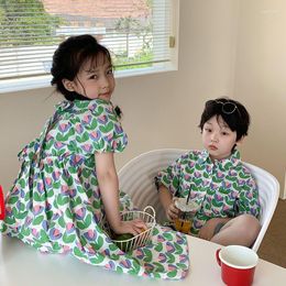 Girl Dresses Elder Brother And Sister Clothes Summer Korean Boys Girls Dress Short Sleeve Floral Skirt Baby Flower Shirt Top Kids