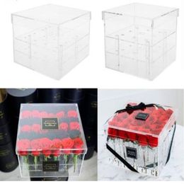 Clear Acrylic Rose Flower Box Makeup Organizer New Fashion Cosmetic Tools Holder Flower Gift Box For Girlfriend Wife With Cover238u