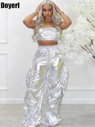 Women's Two Piece Pants Gold Sliver Metallic Birthday Outfit Two Peice Sets Club Party Crop Top and Pants Streetwear Hip Hop Rave Festival Outfit 230927