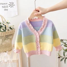 Cardigan 1-6 Years Old Girls Knitted Cardigan V-Neck Rainbow Striped Sweater Spring Autumn Casual Jacket Tops Children Outerwear 230927
