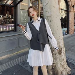 Work Dresses Pretty Style Pleated Dress And Vest Coat Two Piece Sets 2023 Autumn Women Elegant Korean Fashion Loose Casual Suits Female 2233