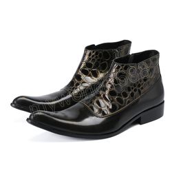 Classic Pattern Big Size Evening Shoes Fashion Zipper Pointed Toe Short Boots British Style Cow Leather Men Dress Boots