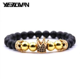 Charm Bracelets Trendy Rose Gold Black Bracelet Lava Stone Pave CZ Imperial Crown And Helmet For Men Or Women Pulseira Hombres293Y