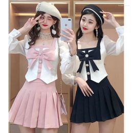 Work Dresses Pink Black Sweet Fashion Suit Women's 2023 Spring Autumn Elegant Bow Kawaii Slim Fit Zipper Top Pleated Skirt Two Piece Set