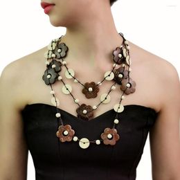 Choker Layers Wood Flower Beads Necklaces Bohemia Wooden Statement Collar Long Beaded Necklace Jewellery For Women Brown Beige