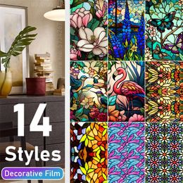 Wall Stickers Colorful Retro Flower Birds Window Glass Electrostatic Removable Privacy Stained Decorative Film for Home Office 230927