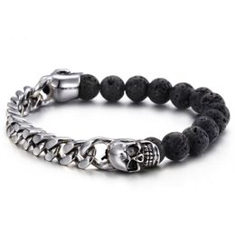 Volcanic Stones With Gold Color Stainless Steel Skull Bracelets Bangles Curb Cuban Link Chain Bracelet Biker Man Wristband243p