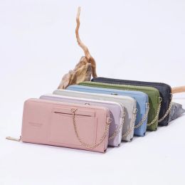 Solid Color Long Wallets Ladies Zipper Large Capacity PU Leather Stylish Clutch Bag Fashion Metal Chain Decor Card Holder Purse