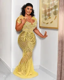 2023 Oct Aso Ebi Arabic Mermaid Gold Prom Dress Lace Beaded Sexy Evening Formal Party Second Reception Birthday Engagement Gowns Dresses Robe De Soiree ZJ326