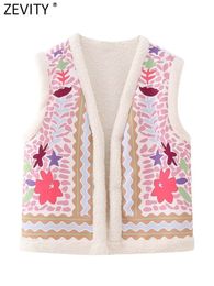 Womens Vests Zevity Women Fashion V Neck Sleeveless Plush Flower Printed Vest Jacket Office Lady Open Stitching WaistCoat Tops CT5063 230927