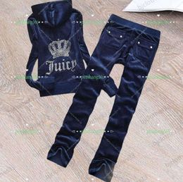 Juicy Tracksuit Brand Womens Two Piece Pants Back Hot Drill Crown Decoration Hooded Zipper Regular Tops Elastic Waist Loose Trousers Women Clothing 8 Colors654