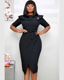 Casual Dresses Women's 2023 Style Solid Color Office Lady Dress Short Sleeve With Belted Slim Fit Bodycon Midi Femme Vestidos