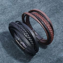 Simple Handmade Weave Multilayer Leather Stainless Steel Charm Bracelets Black Brown Rock Bangles Jewelry For Women Men295J