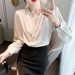 Women's Blouses JulyPalette Chic V-neck Women Satin Long Sleeve Blouse 2023 Loose Folds Elegant Office Ladies Casual Solid Shirts Tops