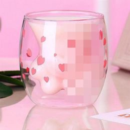 Cat Claw Paw Coffee Mug Cartoon Cute Milk Juice Home Office Cafe Cherry Pink Transparent Double Glass Paw Cup Q1215307o