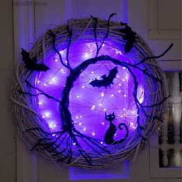 Decorative Flowers Wreaths Halloween Wreath Light up Accessorie Ornaments Black Bat Cat Spooky Party Wreath with Light Glowing Garland for Front Door Wall T230927