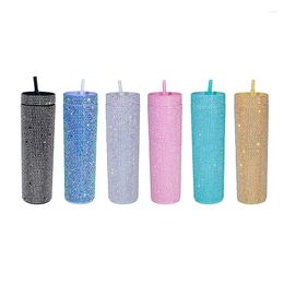 Tumblers 16oz Skinny Tumbler Double Wall Bling Water Bottle Glitter Rhinestone Plastic Cup With Lid Straw For Home Office Party Beach