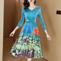 2023 Elegant Print Midi Blue Dresses Women Designer Autumn Winter Vacation Party Velvet Pleated Dress Plus Size Long Sleeve V-Neck Slim Fit Stylish Office Lady Frocks