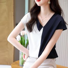 Women's Blouses Women Tops And Blouse Chiffon V-neck Shirts Solid Batwing Sleeve Office Ladies Females Elegant Fashion Clothing Spliced