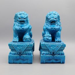 Pair of Foo Dogs on the Bases, Buddha Dogs, Chinese Guardian Lions, Ceramic Sculpture, Home Decoration