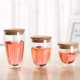 Heat Insulation Wine Cafe Juice Cup BPA Double Wall Glass For Bar Sealing Up Travel Coffee Mug With Bamboo LId Q1222265R