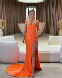 Orange Sexy Plus Size Mermaid Prom Dresses Satin Spaghetti Straps Draped High Side Split Formal Ocns Wear Birthday Celebrity Pageant Evening Gowns Custom